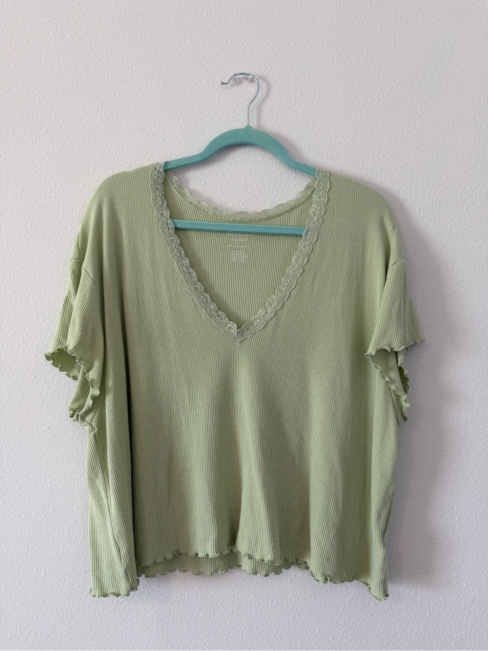 American Eagle Light Green V-Neck Ribbed Top with Lace Trim